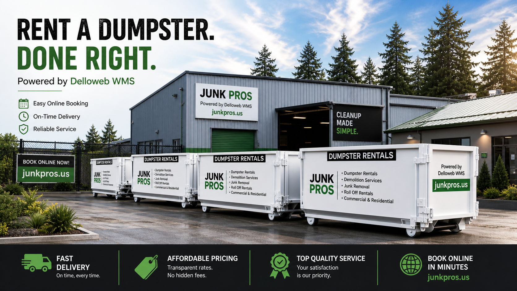 Rent a dumpster done right, powered by Delloweb WMS and JunkPros online booking.